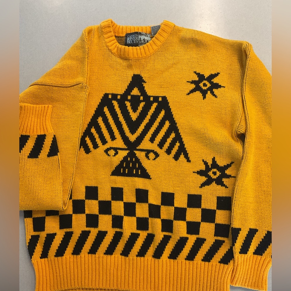 Yellow and Black Graphic Sweater, Vtg Mens Canyon River Blues ,large